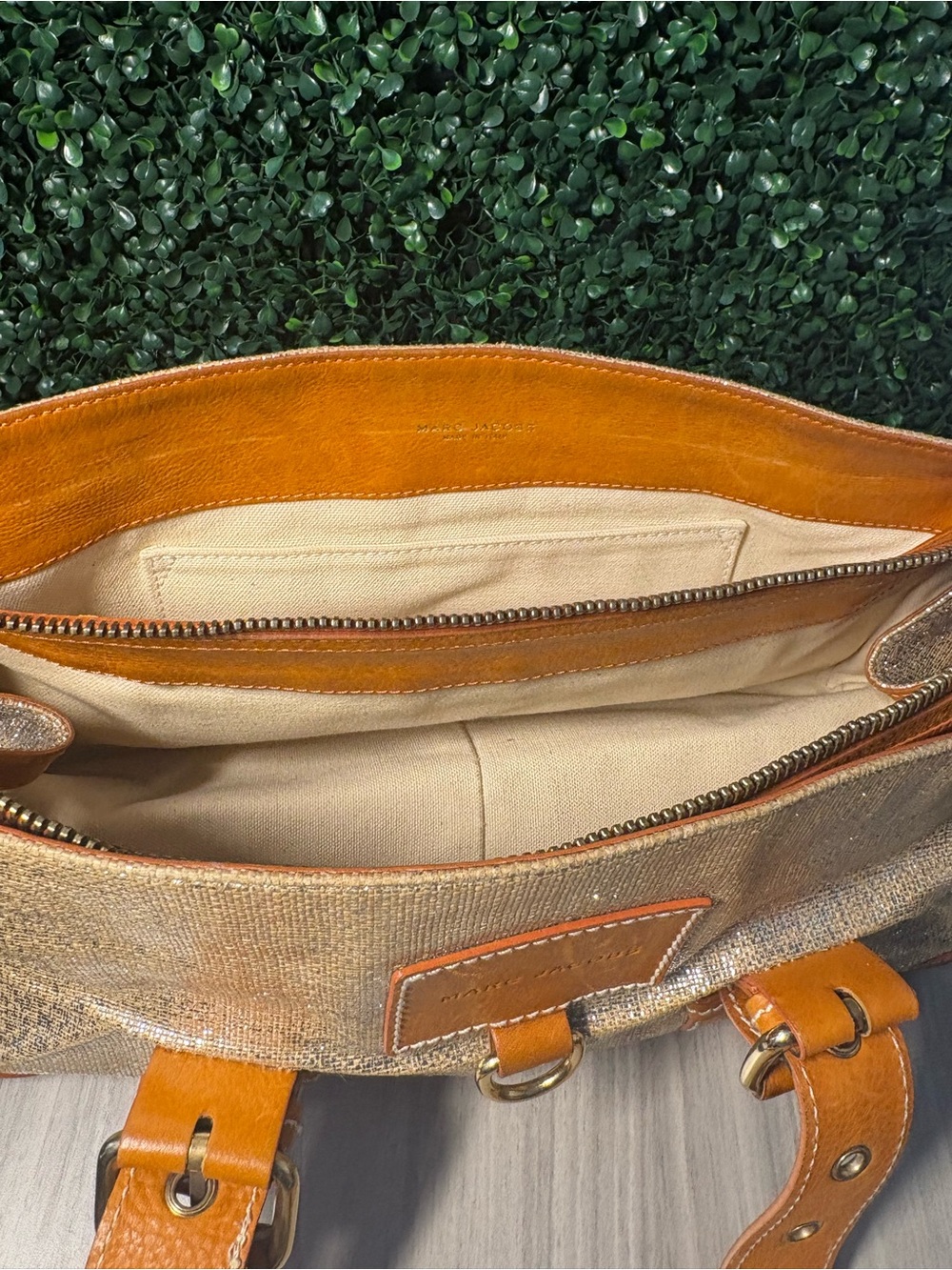 Vintage Marc Jacobs Tan Canvas & Cognac Leather Tote Bag - Picture 7 of 9